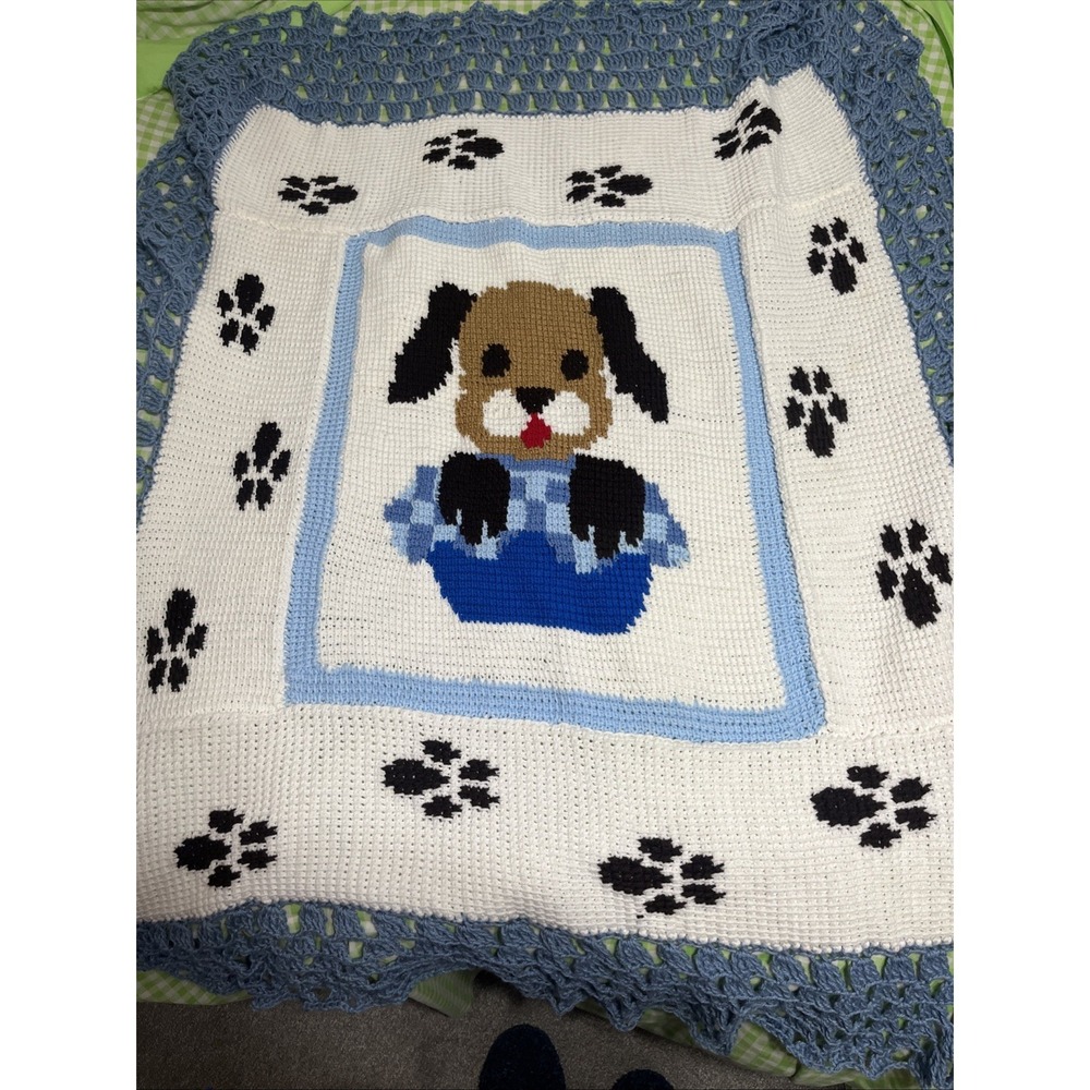 Crochet Afghan Baby Puppy Dog Handmade Blanket‎ Paws Blue White Brown  50x60"